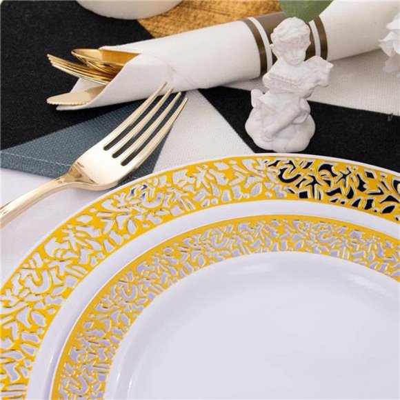 350 Pieces Gold Plastic Dinnerware,Disposable Gold Lace Plates - Picture 5 of 7